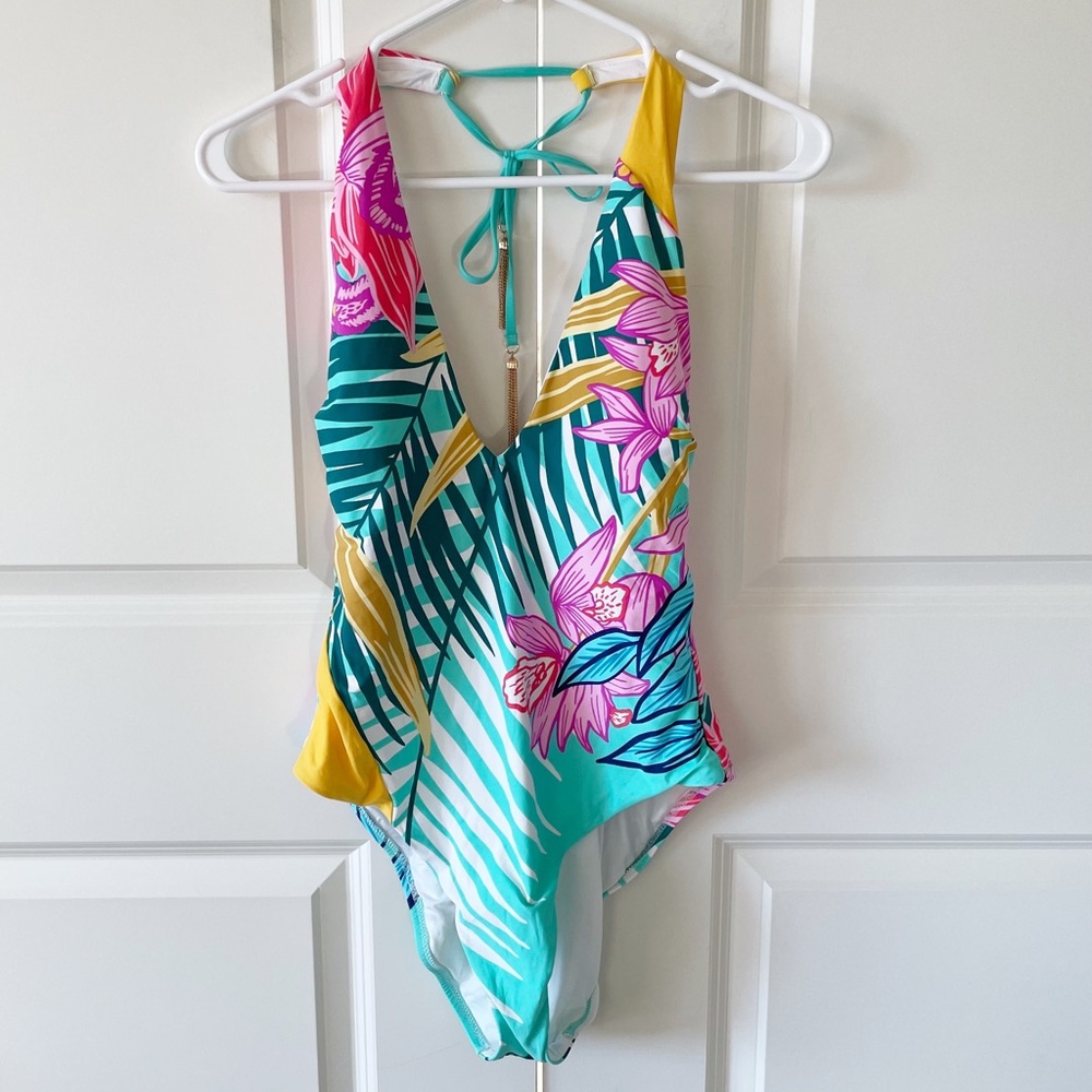 Trina Turk Terra Nostra Plunge Tropical Print Swimsuit Size 14 - Picture 2 of 15